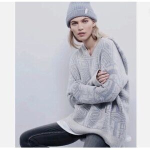Free People Six Degrees Wool Blend Hoodie Sweater geometric ivory/grey sz L